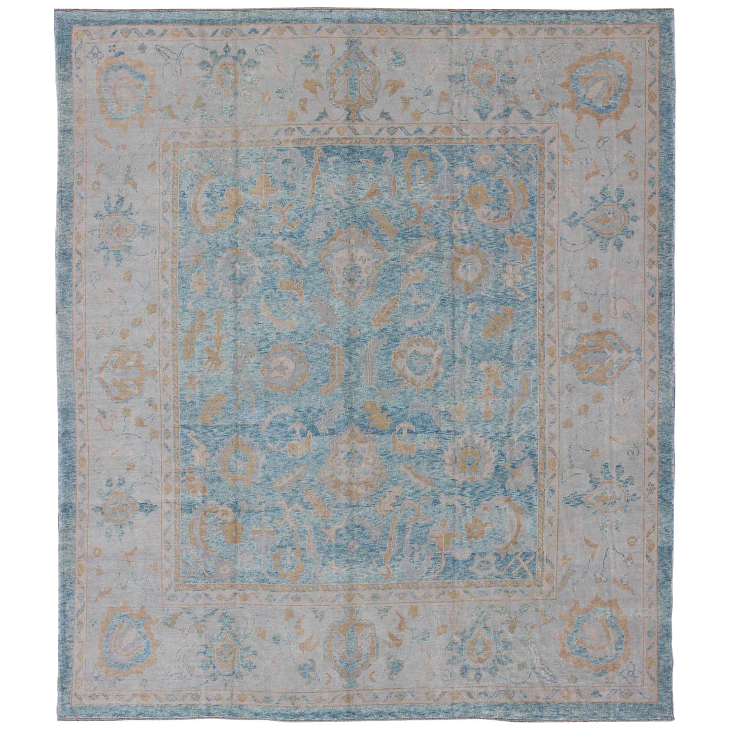 Angora Turkish Oushak Rug in Blue, Silver, Taupe and Tan Colors