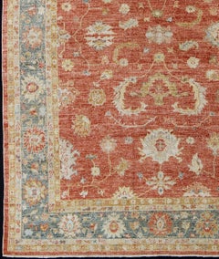 Angora Turkish Oushak Rug in Coral-red, Saffron, Gray Blue-Teal