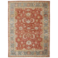 Angora Turkish Oushak Rug in Coral-red, Saffron, Gray Blue-Teal 