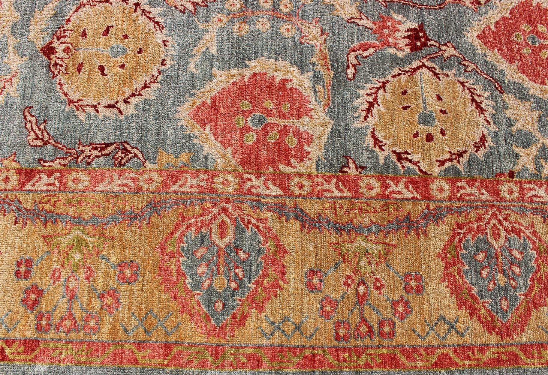 Angora Turkish Oushak Rug in Light Steel Blue Background, Gold, Orange Red 4