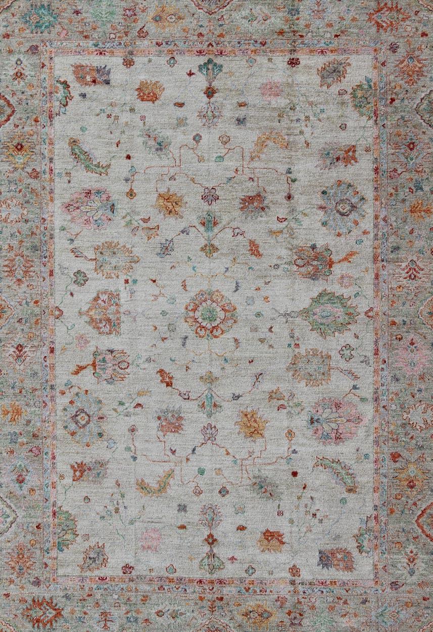 Hand-Knotted Angora Turkish Oushak Rug in Colorful Palette For Sale