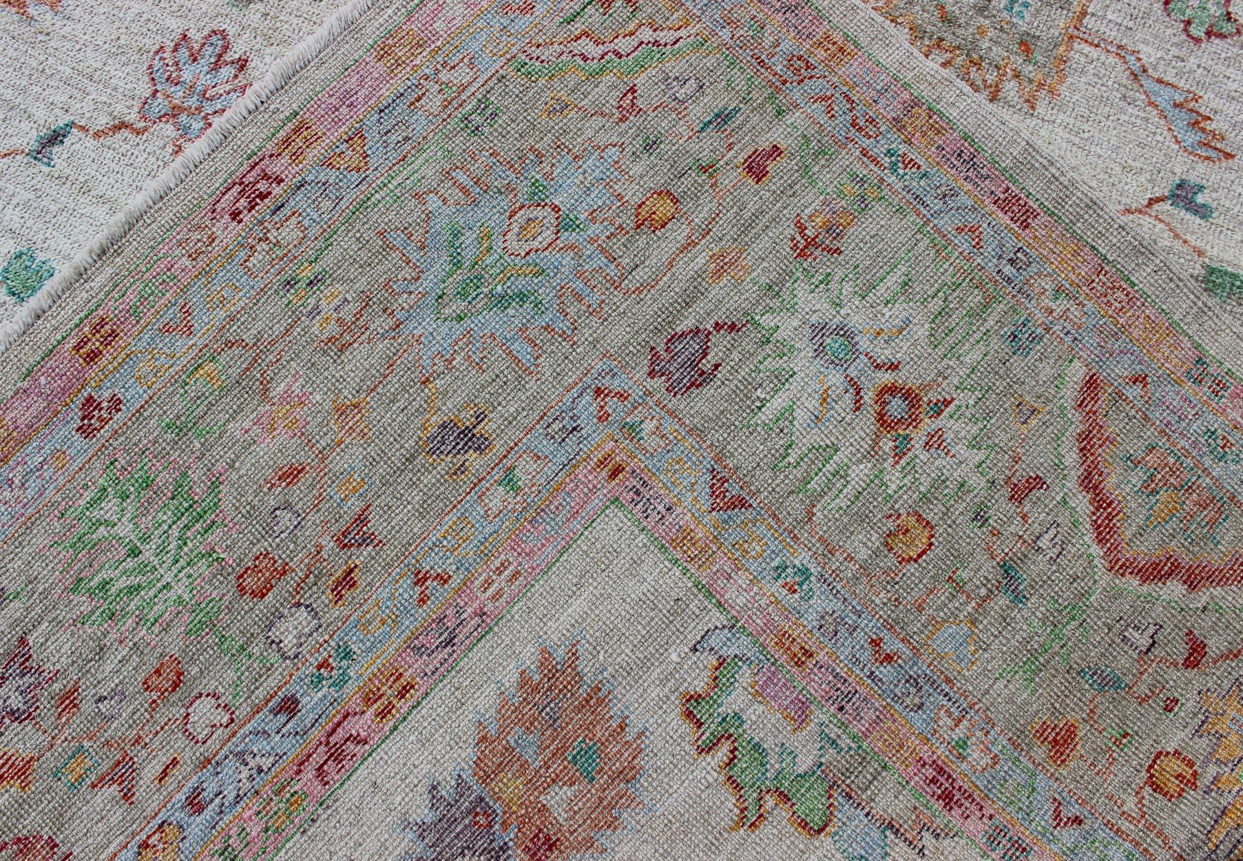 Angora Turkish Oushak Rug in Colorful Palette In Excellent Condition For Sale In Atlanta, GA