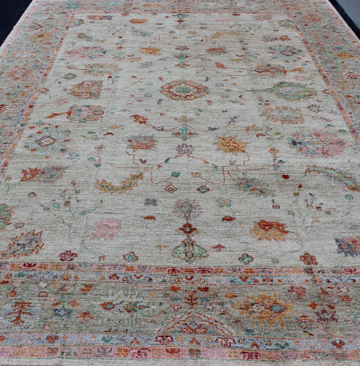 Wool Angora Turkish Oushak Rug in Colorful Palette For Sale