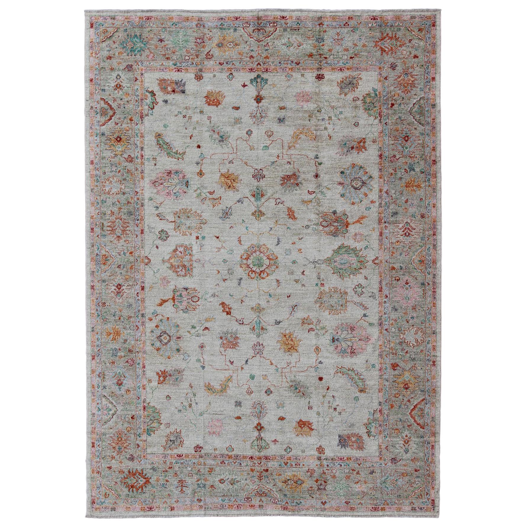 Angora Turkish Oushak Rug in Colorful Palette For Sale