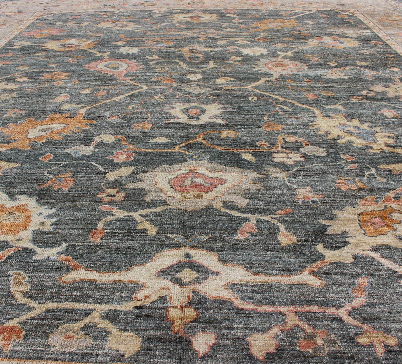 Angora Turkish Oushak Rug in Dark Green, Silver Gray, Orange, and hints of Pink. For Sale 1