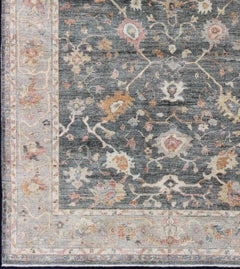 Angora Turkish Oushak Rug in Dark Green, Silver Gray, Orange, and hints of Pink.