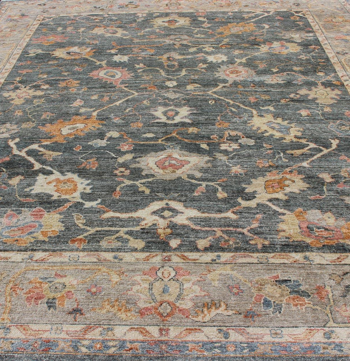 Wool Angora Turkish Oushak Rug in Dark Green, Silver Gray, Orange, and hints of Pink. For Sale