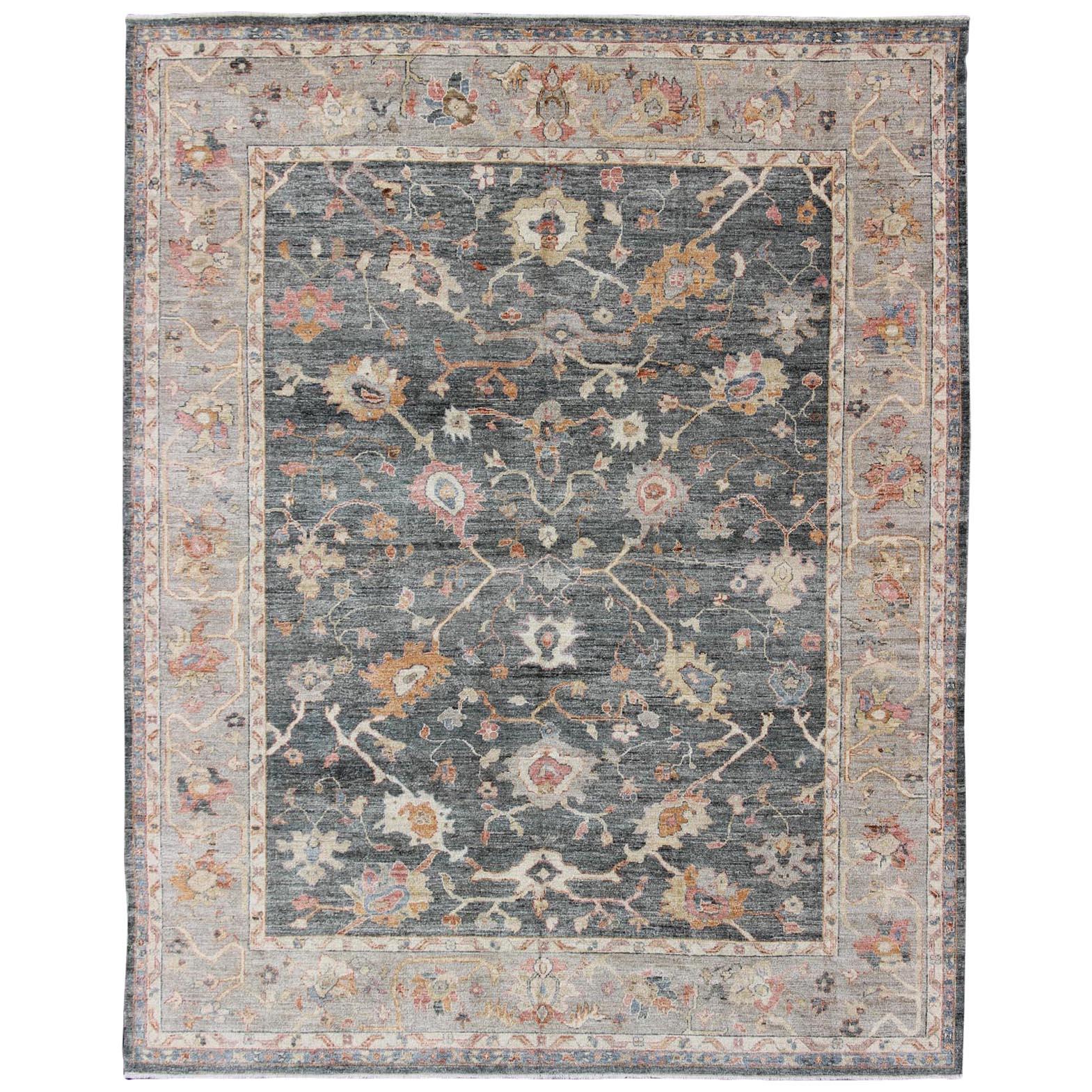 Angora Turkish Oushak Rug in Dark Green, Silver Gray, Orange, and hints of Pink. For Sale