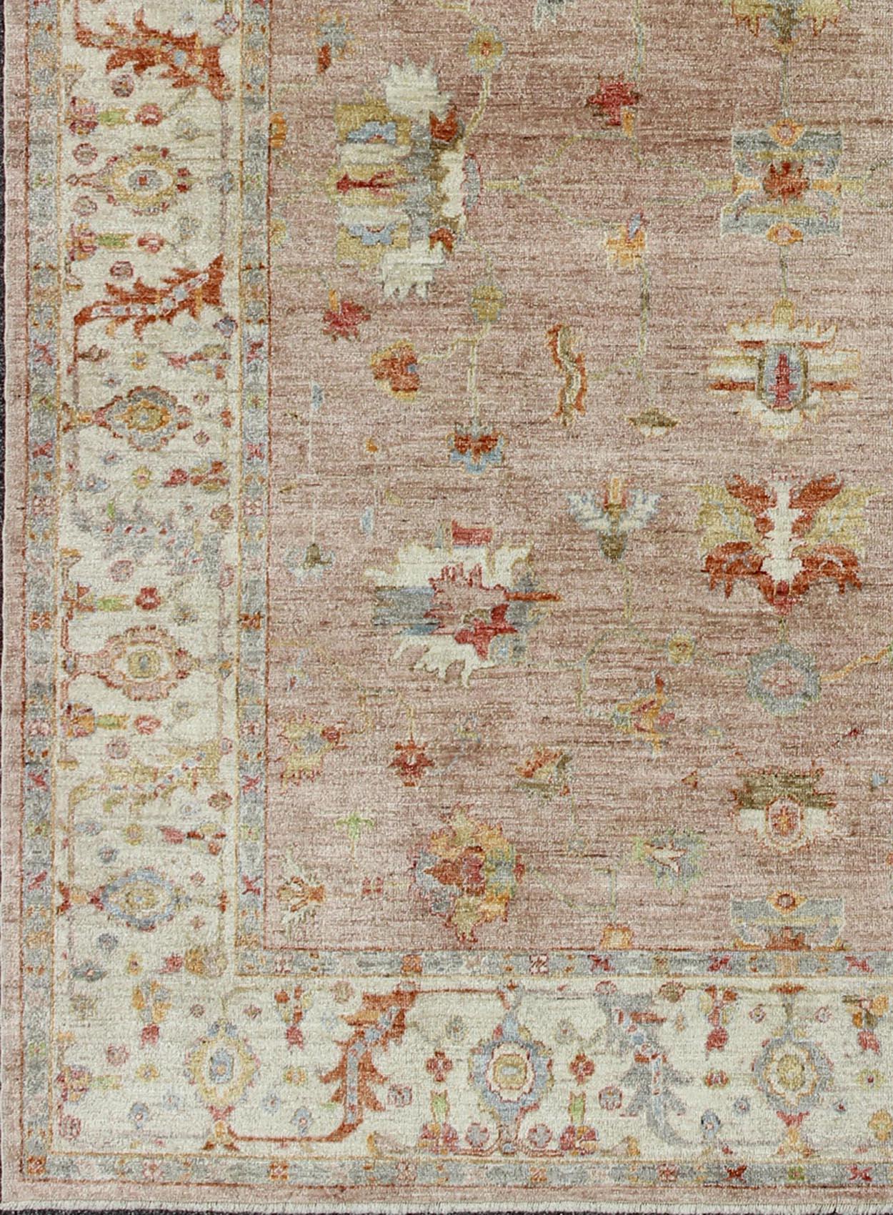 Angora Turkish Oushak Rug in Dusty Pink and Ivory by Keivan Woven Arts , rug an-129862, country of origin / type: Turkey / Angora Oushak.
Measures: 11'8 x 15'4.
From our Angora collection, this piece is made with a combination of angora and old