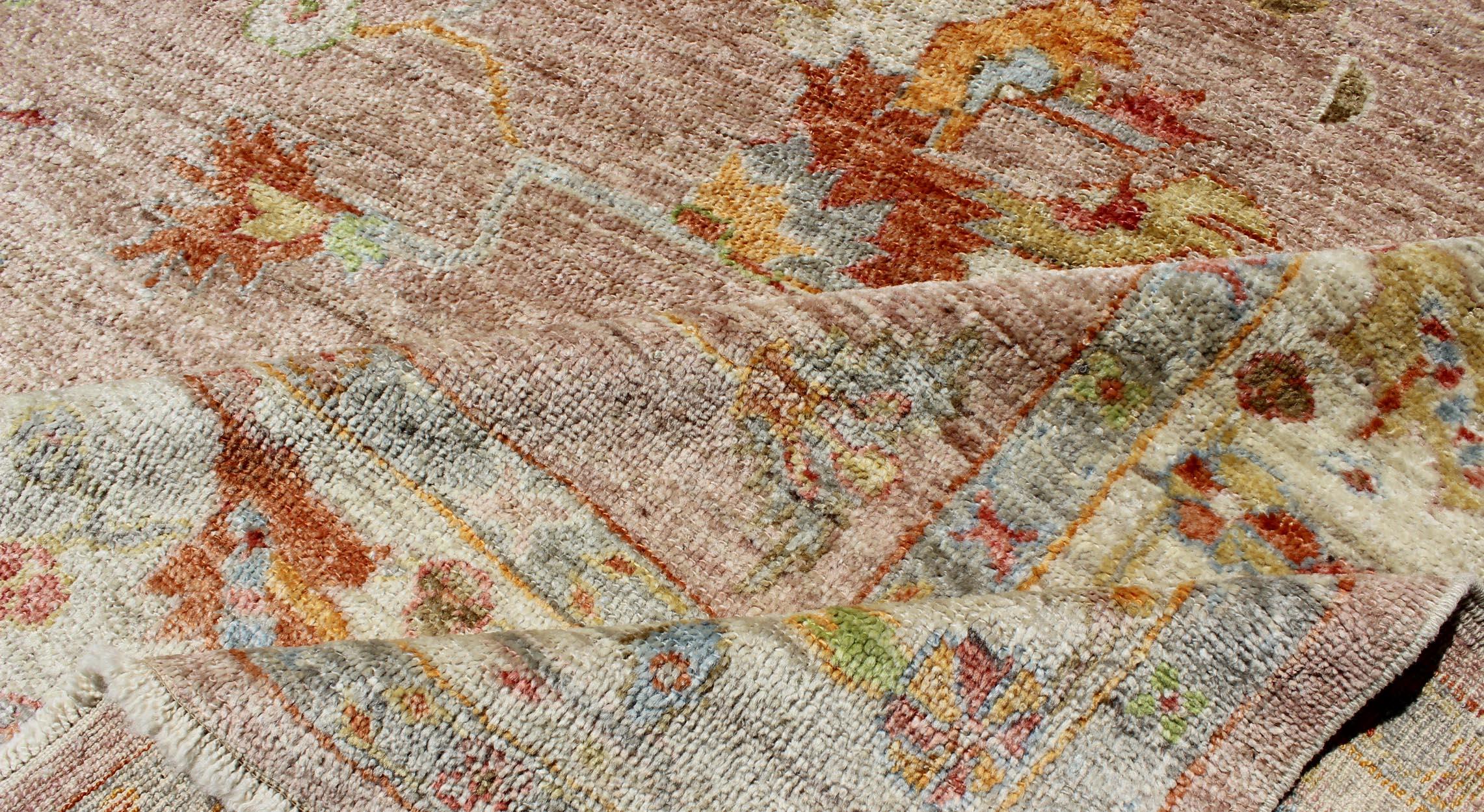 Grand tapis turc Oushak en angora rose poussiéreux de Keivan Woven Arts 11' 8