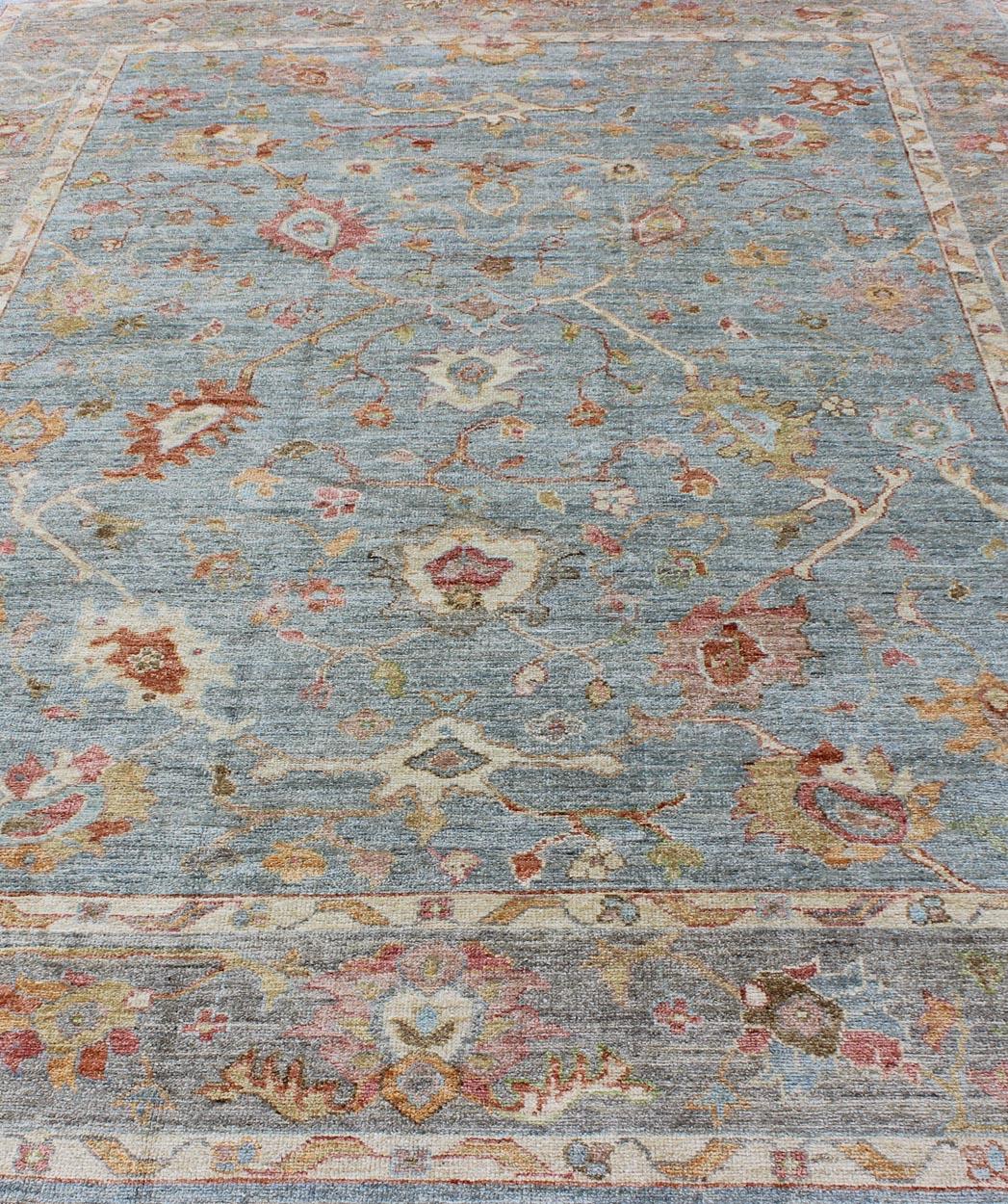 Keivan Woven Arts Angora Turkish Oushak Rug in Light Blue, Silver For Sale 4