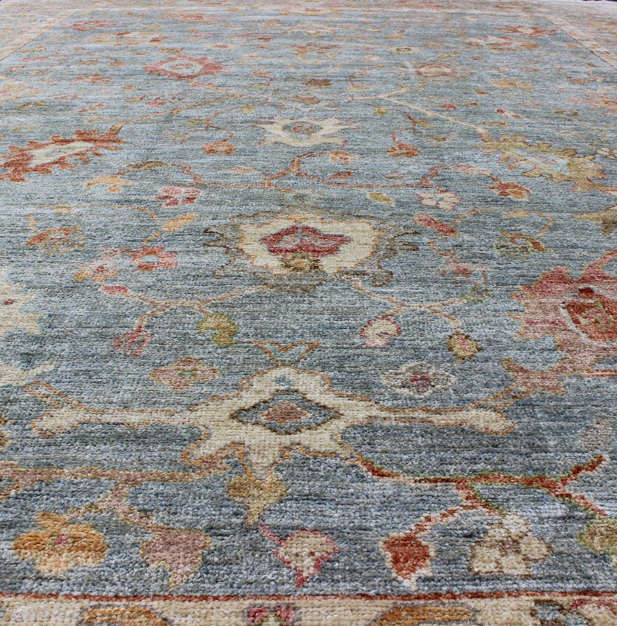 Angora Turkish Oushak Rug in Light Blue, Silver and Multi Colors For Sale 5