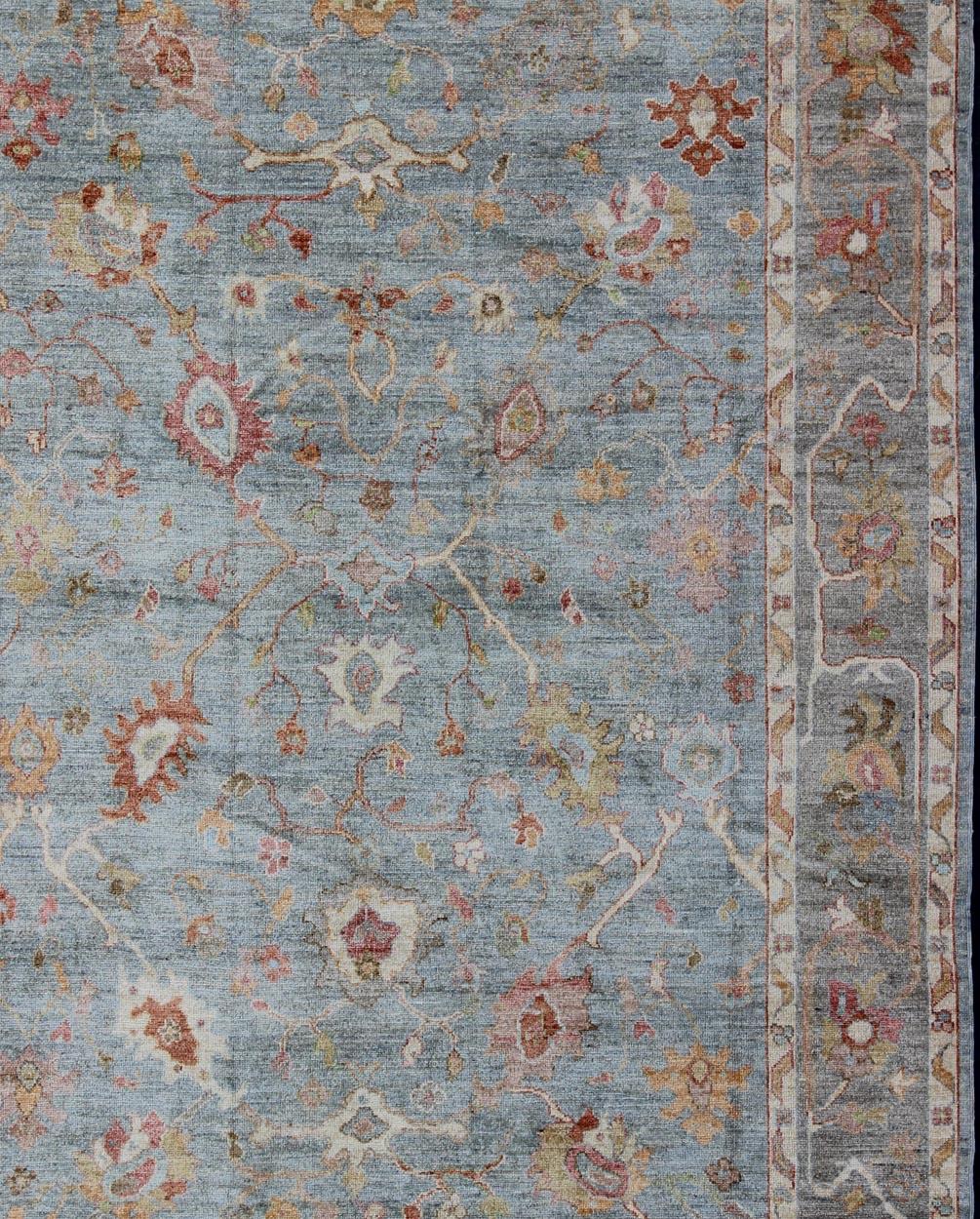 Hand-Knotted Angora Turkish Oushak Rug in Light Blue, Silver and Multi Colors For Sale