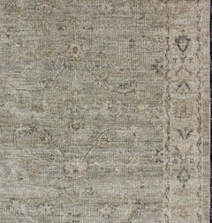 Angora Turkish Oushak Rug in Sage Green and Taupe with Faded Design 4'0 x 5'7