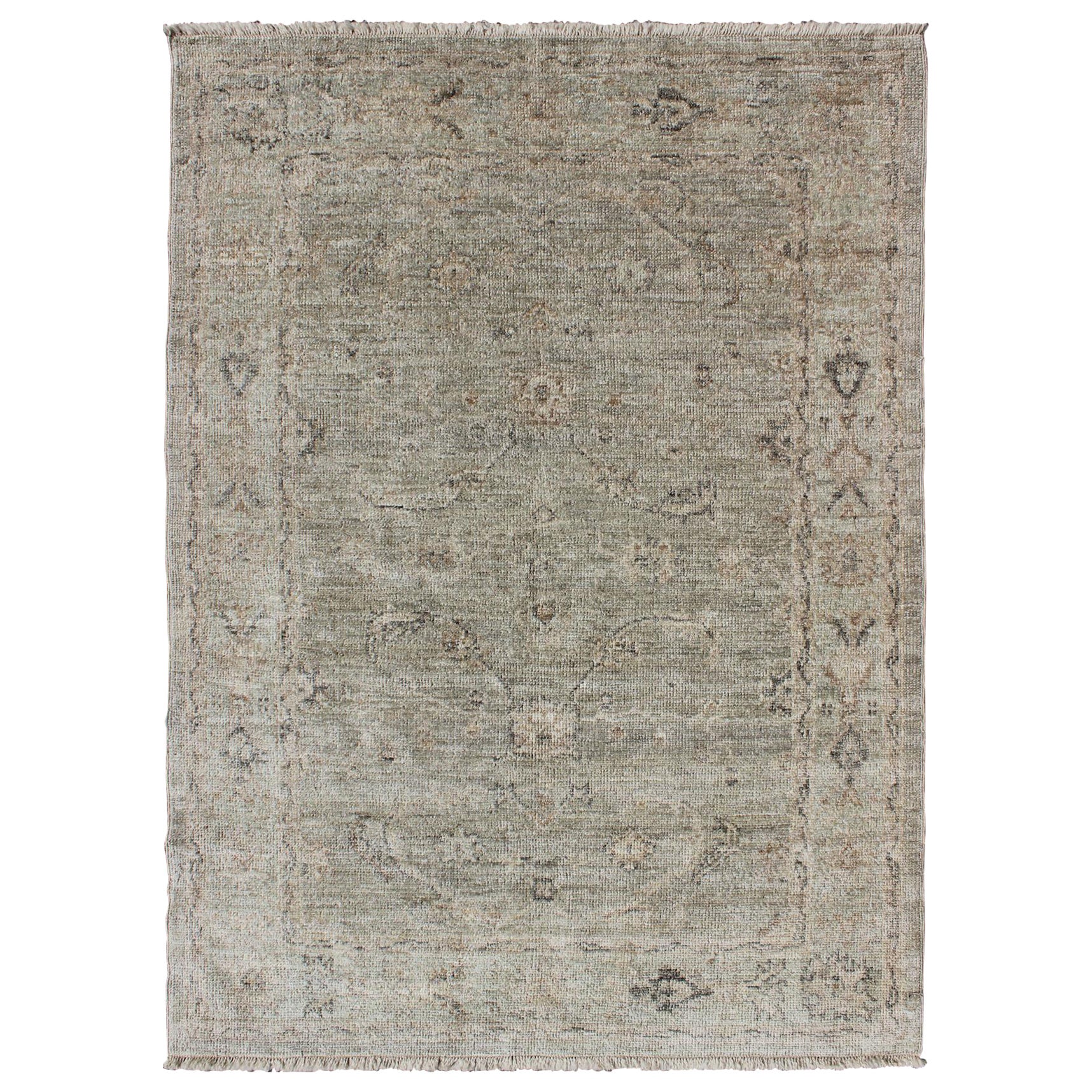 Angora Turkish Oushak Rug in Sage Green and Taupe with Faded Design 4
0 x 5
7 For Sale