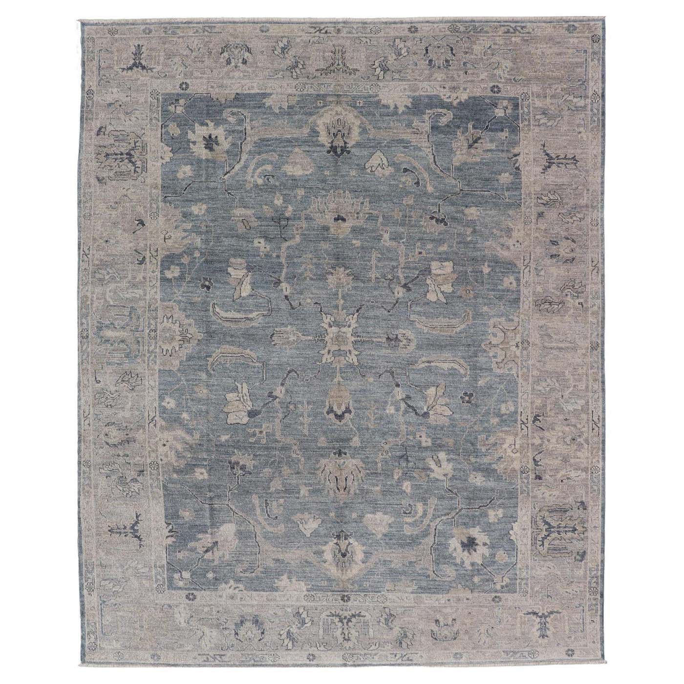 Angora Turkish Oushak Rug in Serene Blues and Soft Greys Keivan Woven ...