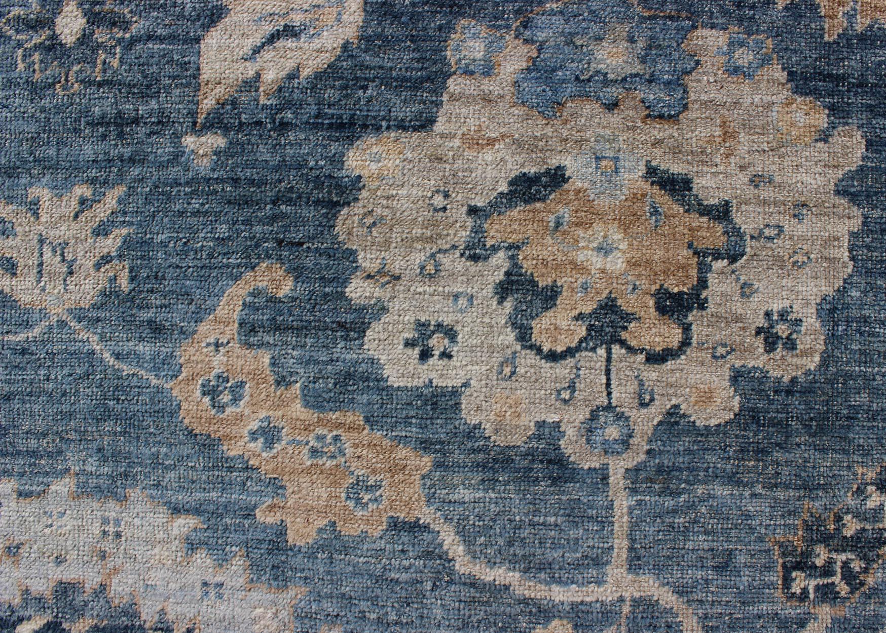 Angora Turkish Oushak Rug in Shades of Blue and Tan 4