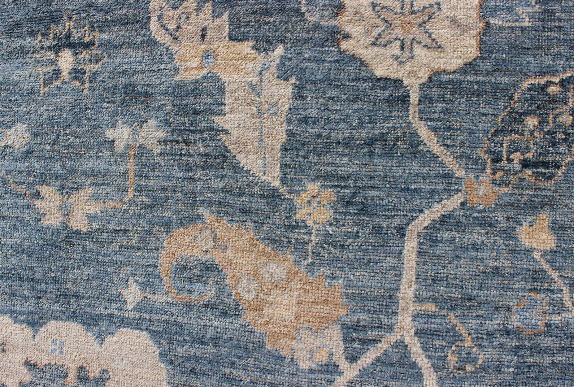 Angora Turkish Oushak Rug in Shades of Blue and Tan 5
