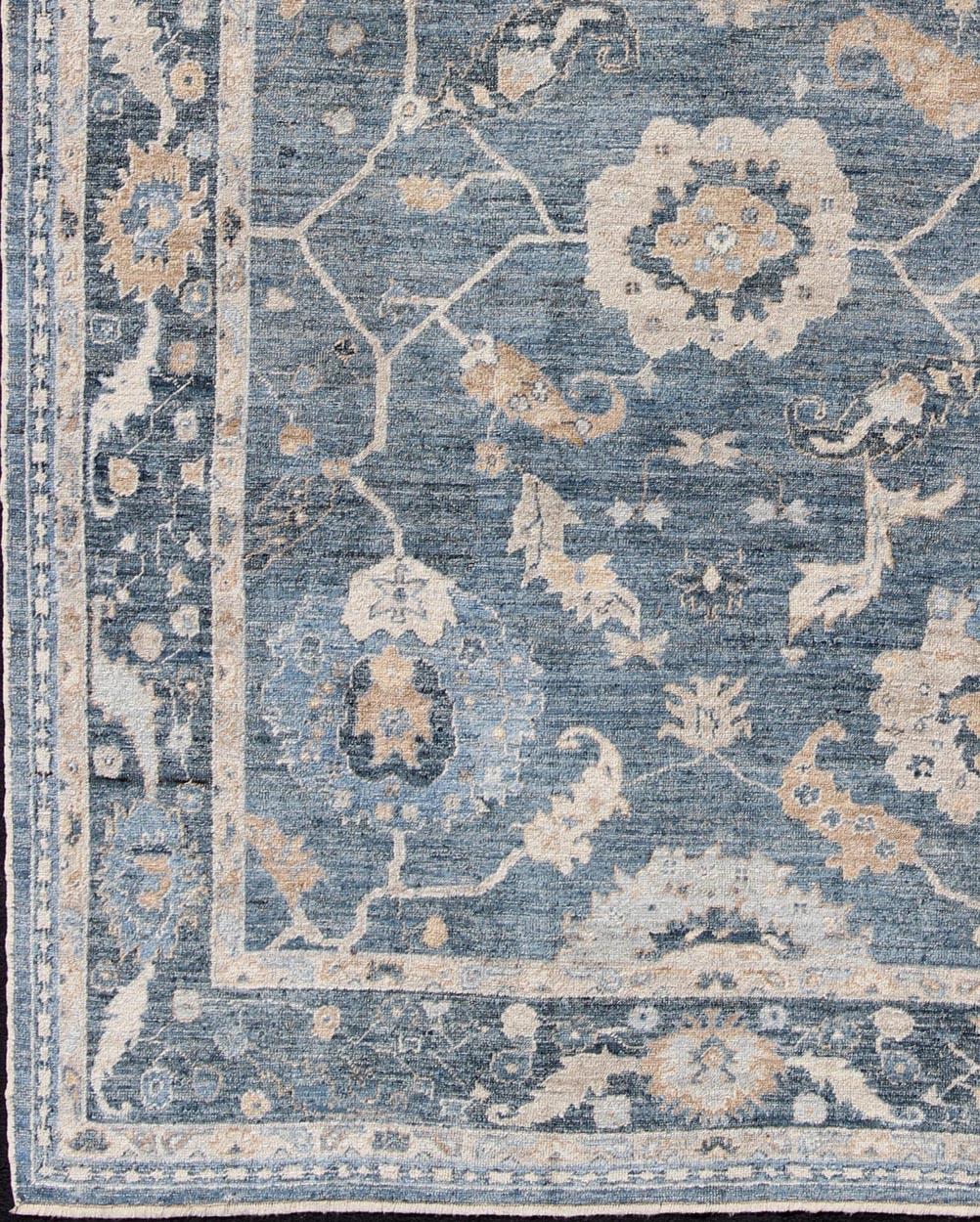 Shades of blue and tan angora Oushak rug from Turkey, rug an-134599, country of origin / type: Turkey / Angora Oushak

From our Angora collection, this piece is made with a combination of angora and old wool. Featuring all organic materials, the