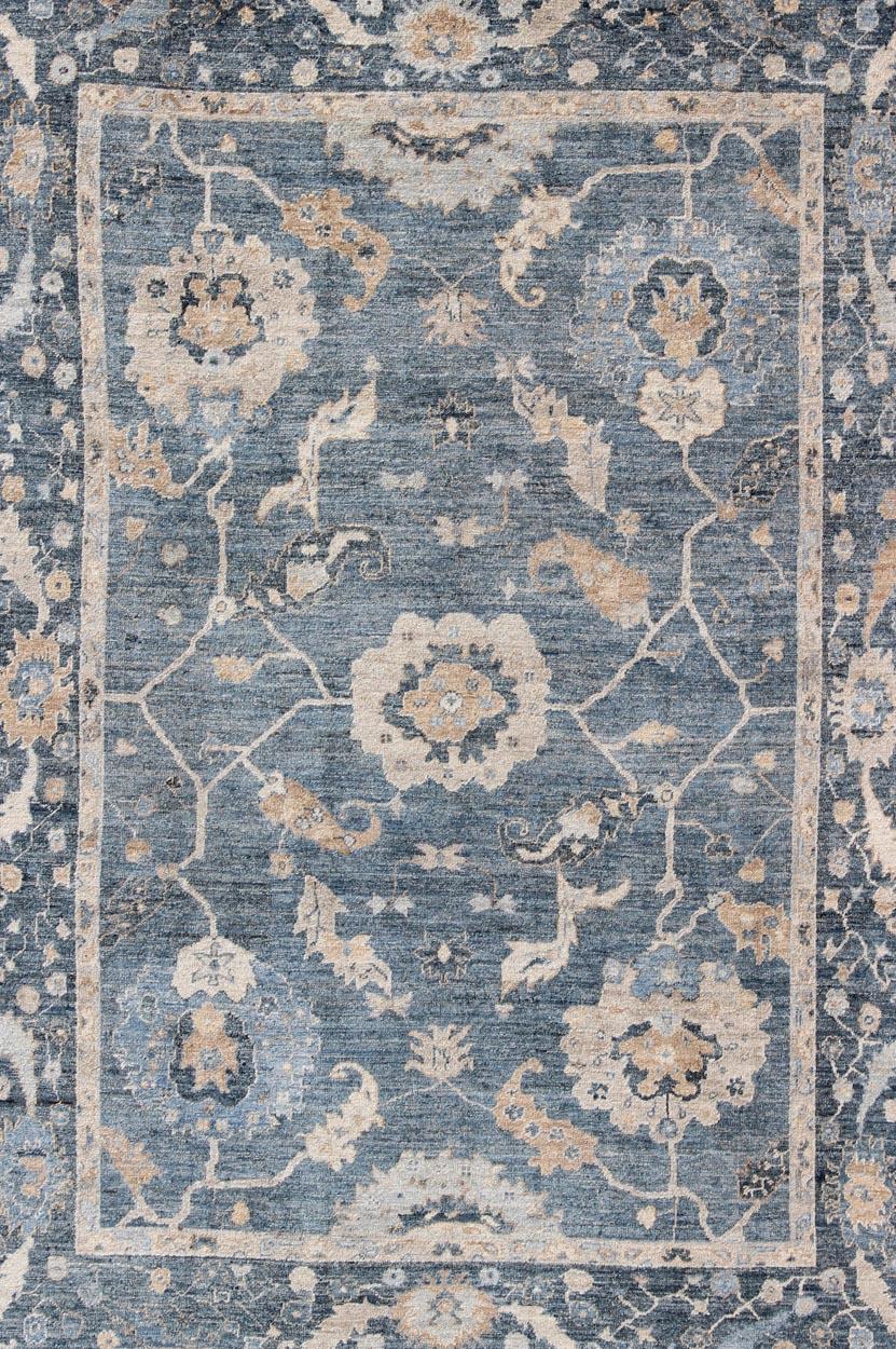 Hand-Knotted Angora Turkish Oushak Rug in Shades of Blue and Tan