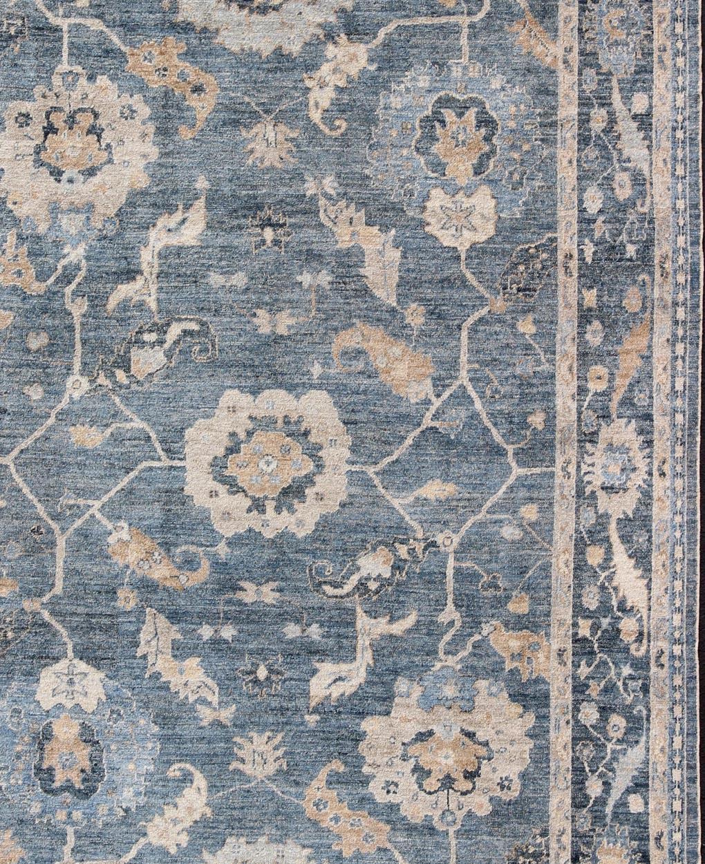 Angora Turkish Oushak Rug in Shades of Blue and Tan In Excellent Condition In Atlanta, GA