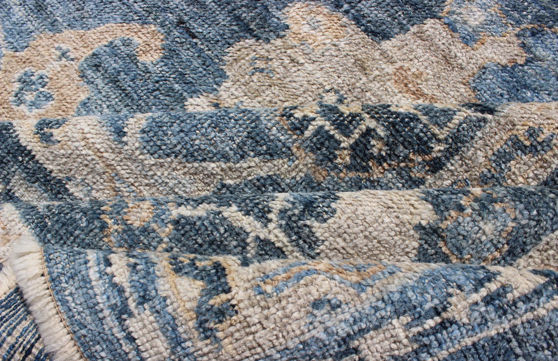 Contemporary Angora Turkish Oushak Rug in Shades of Blue and Tan