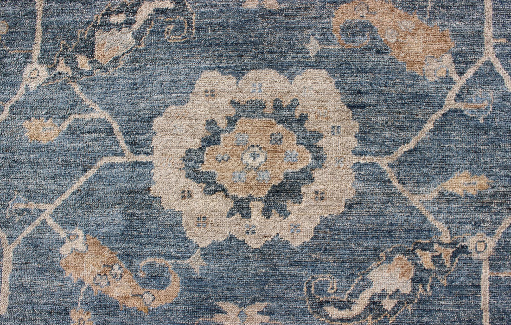 Wool Angora Turkish Oushak Rug in Shades of Blue and Tan