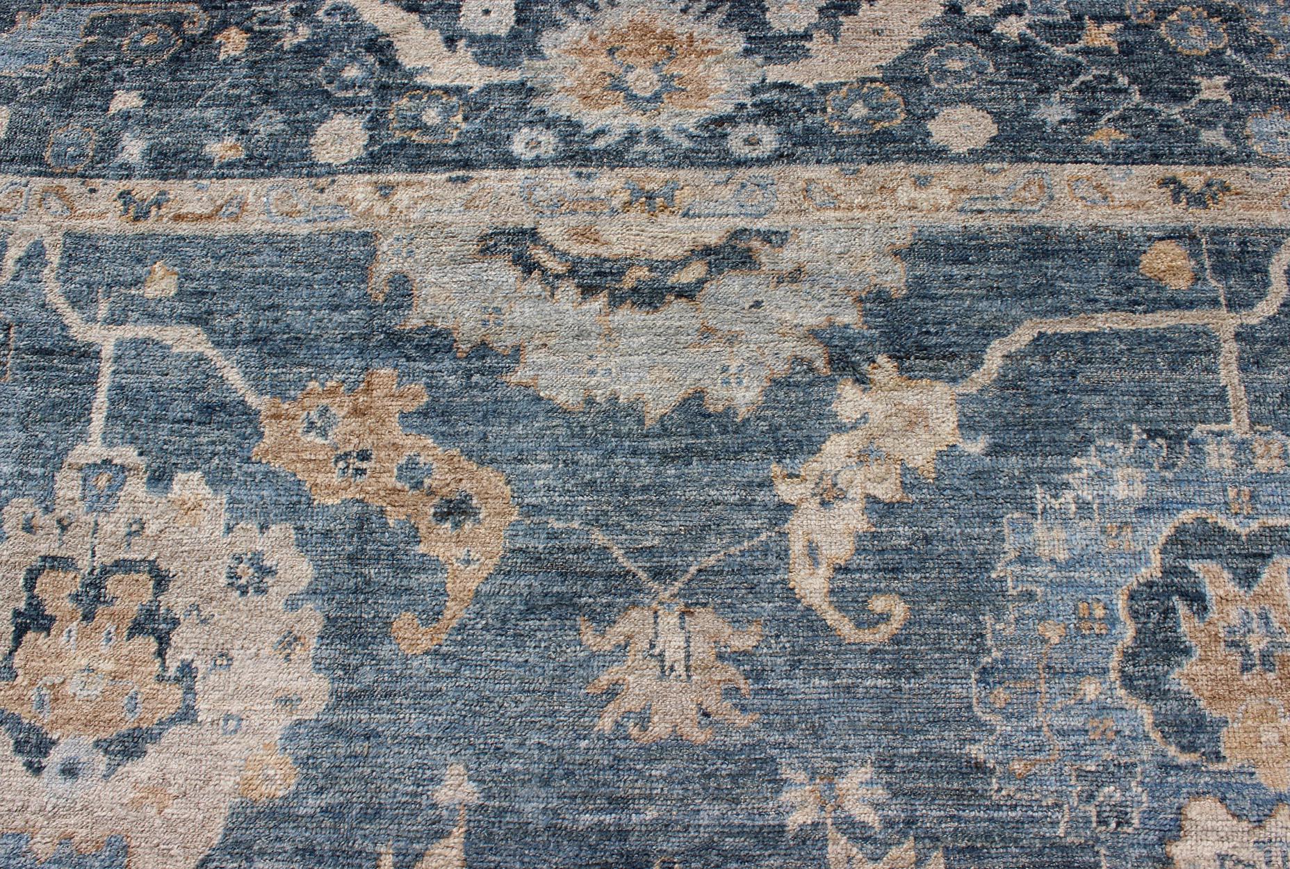 Angora Turkish Oushak Rug in Shades of Blue and Tan 1