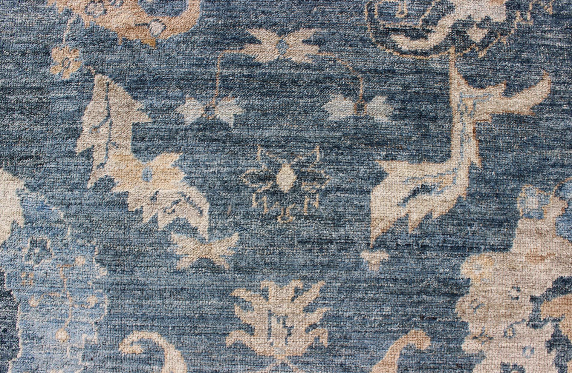 Angora Turkish Oushak Rug in Shades of Blue and Tan 2