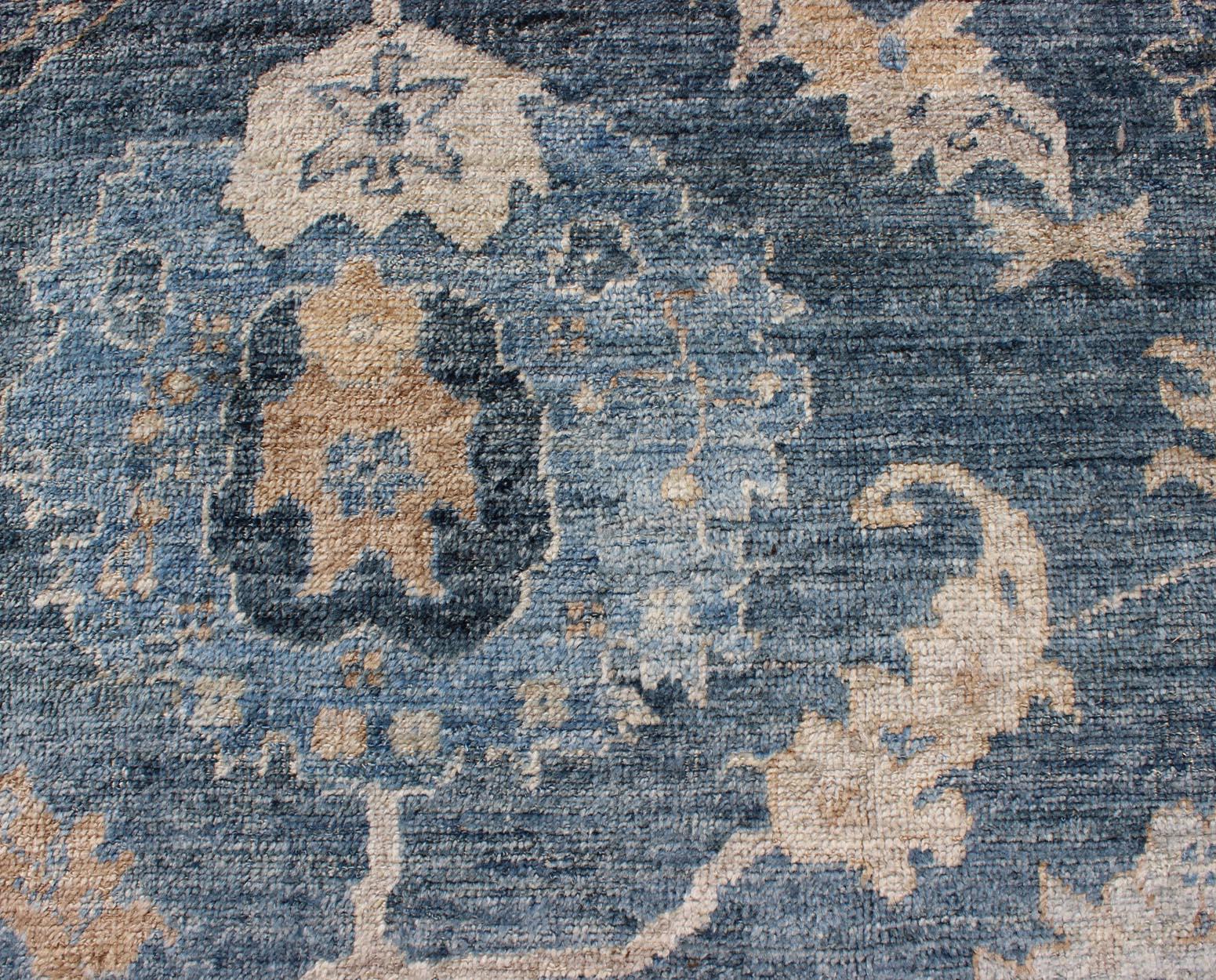 Angora Turkish Oushak Rug in Shades of Blue and Tan 3