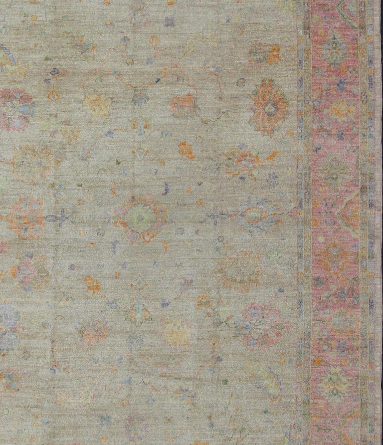 Angora Turkish Oushak Rug in Taupes and Pink Border at 1stDibs