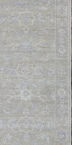 Angora Turkish Oushak Runner in Pale Gray with Faded Blue Floral Motifs2'8 x 8'5