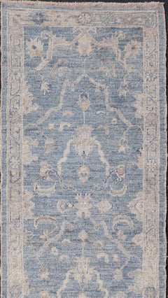 Angora Turkish Oushak Runner with Floral Design and Medium Blue and Gray Border