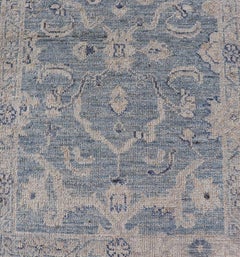 Angora Turkish Oushak Runner with Floral Design and Medium Blue and Grey Border