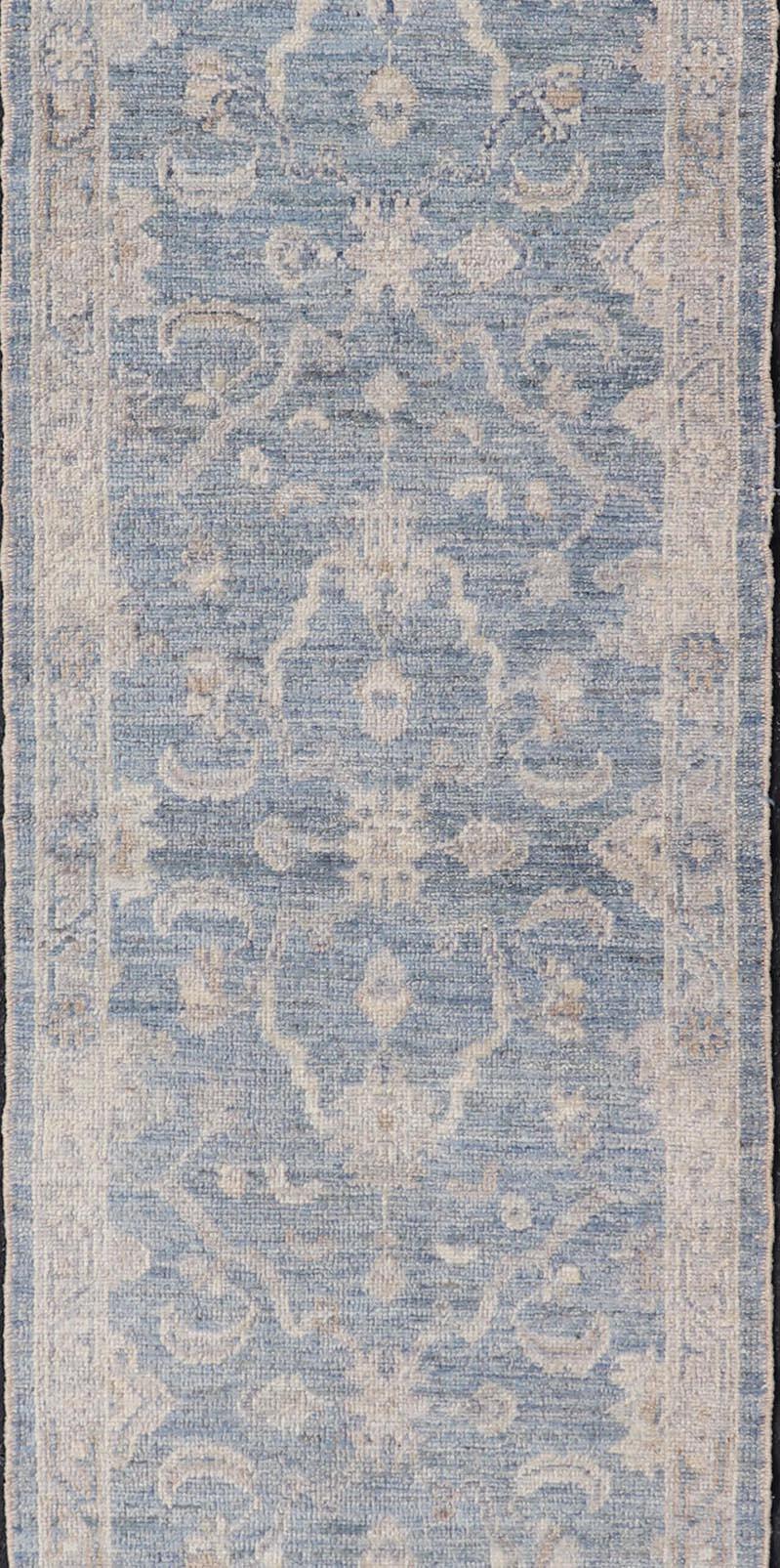 Hand-Knotted Angora Turkish Oushak Runner with Floral Design and Medium Blue and Gray Border For Sale