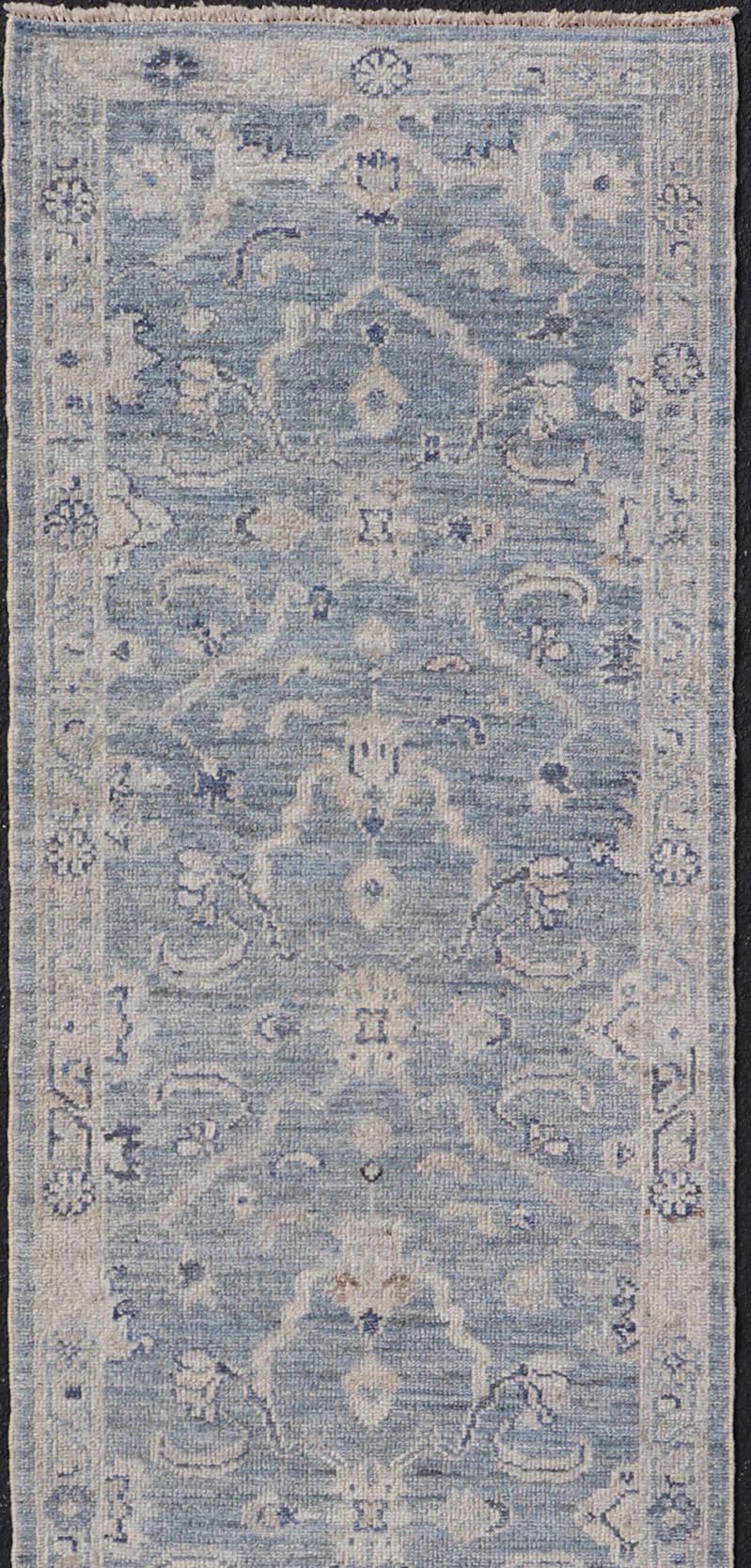 Hand-Knotted Angora Turkish Oushak Runner with Floral Design and Medium Blue and Grey Border For Sale