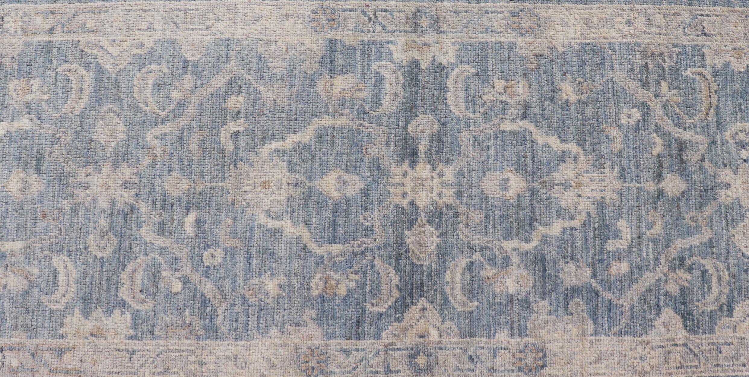 Angora Turkish Oushak Runner with Floral Design and Medium Blue and Gray Border In New Condition For Sale In Atlanta, GA