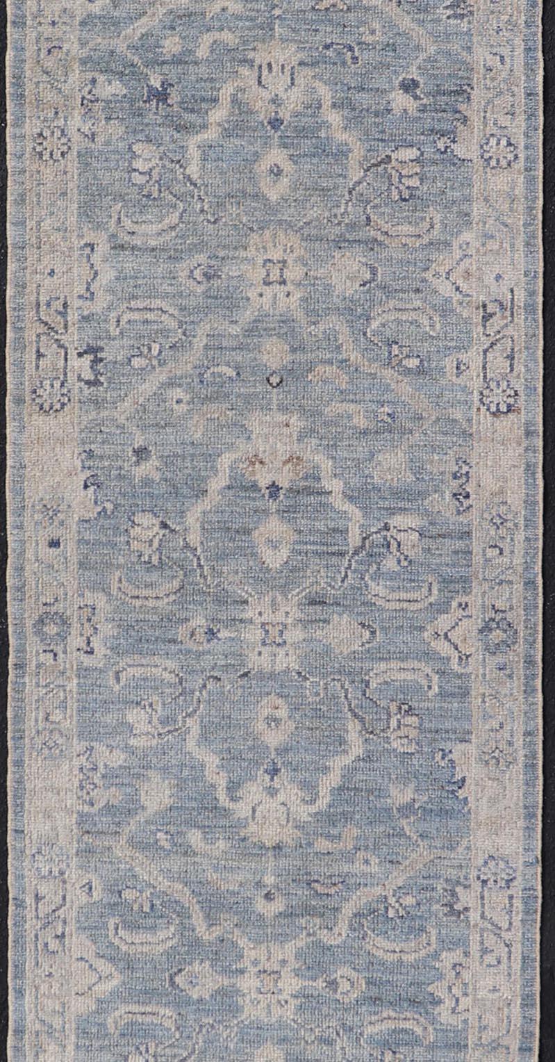 Angora Turkish Oushak Runner with Floral Design and Medium Blue and Grey Border In New Condition For Sale In Atlanta, GA