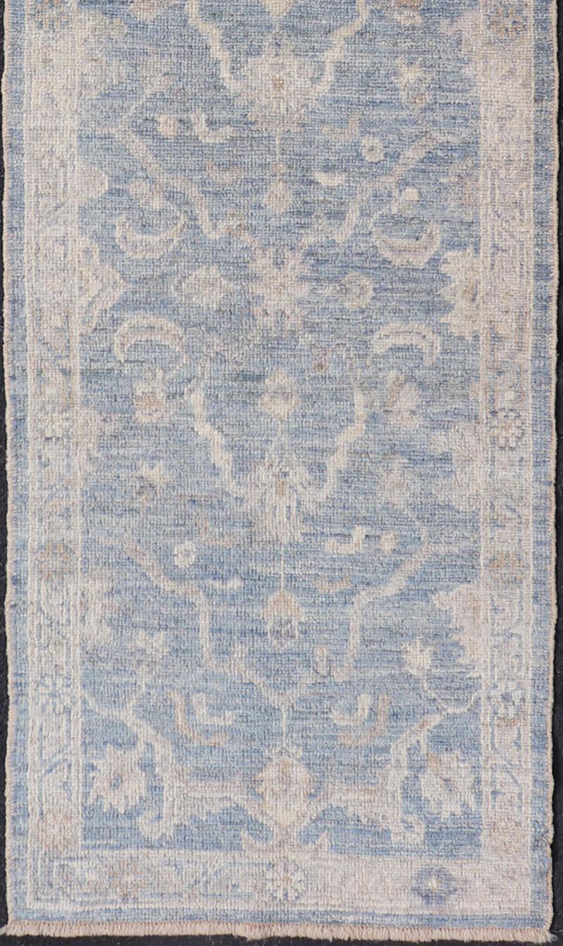 Contemporary Angora Turkish Oushak Runner with Floral Design and Medium Blue and Gray Border For Sale