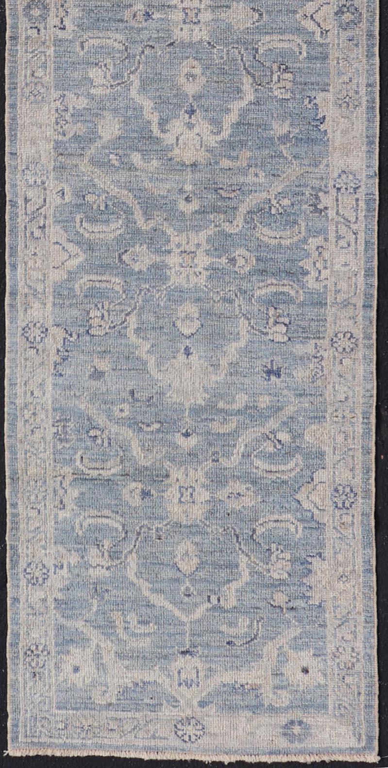 Contemporary Angora Turkish Oushak Runner with Floral Design and Medium Blue and Grey Border For Sale