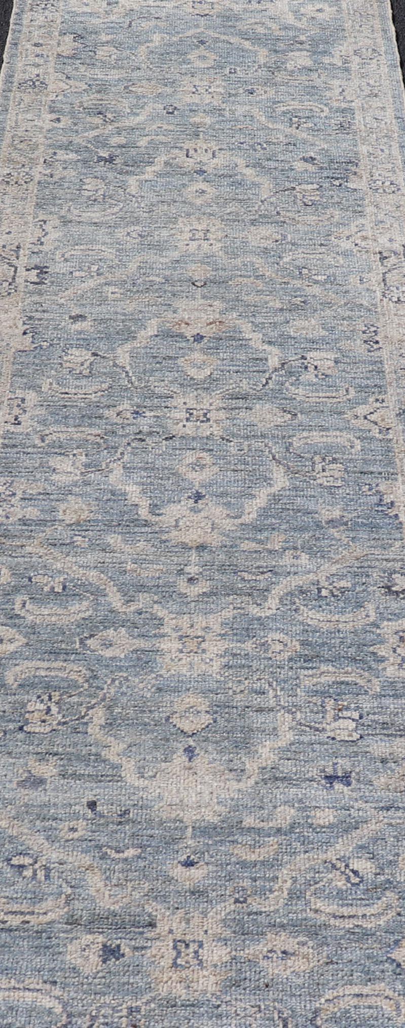 Wool Angora Turkish Oushak Runner with Floral Design and Medium Blue and Grey Border For Sale