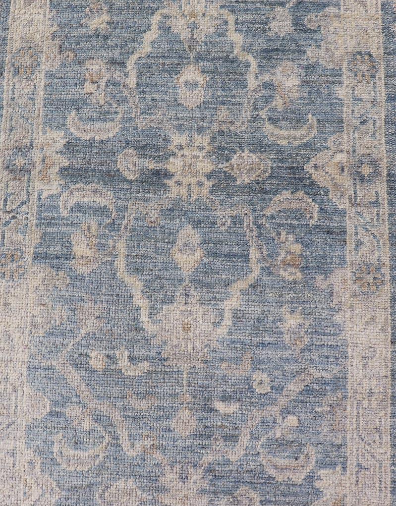 Angora Turkish Oushak Runner with Floral Design and Medium Blue and Gray Border For Sale 1