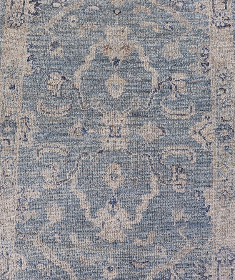 Angora Turkish Oushak Runner with Floral Design and Medium Blue and Grey Border For Sale 2