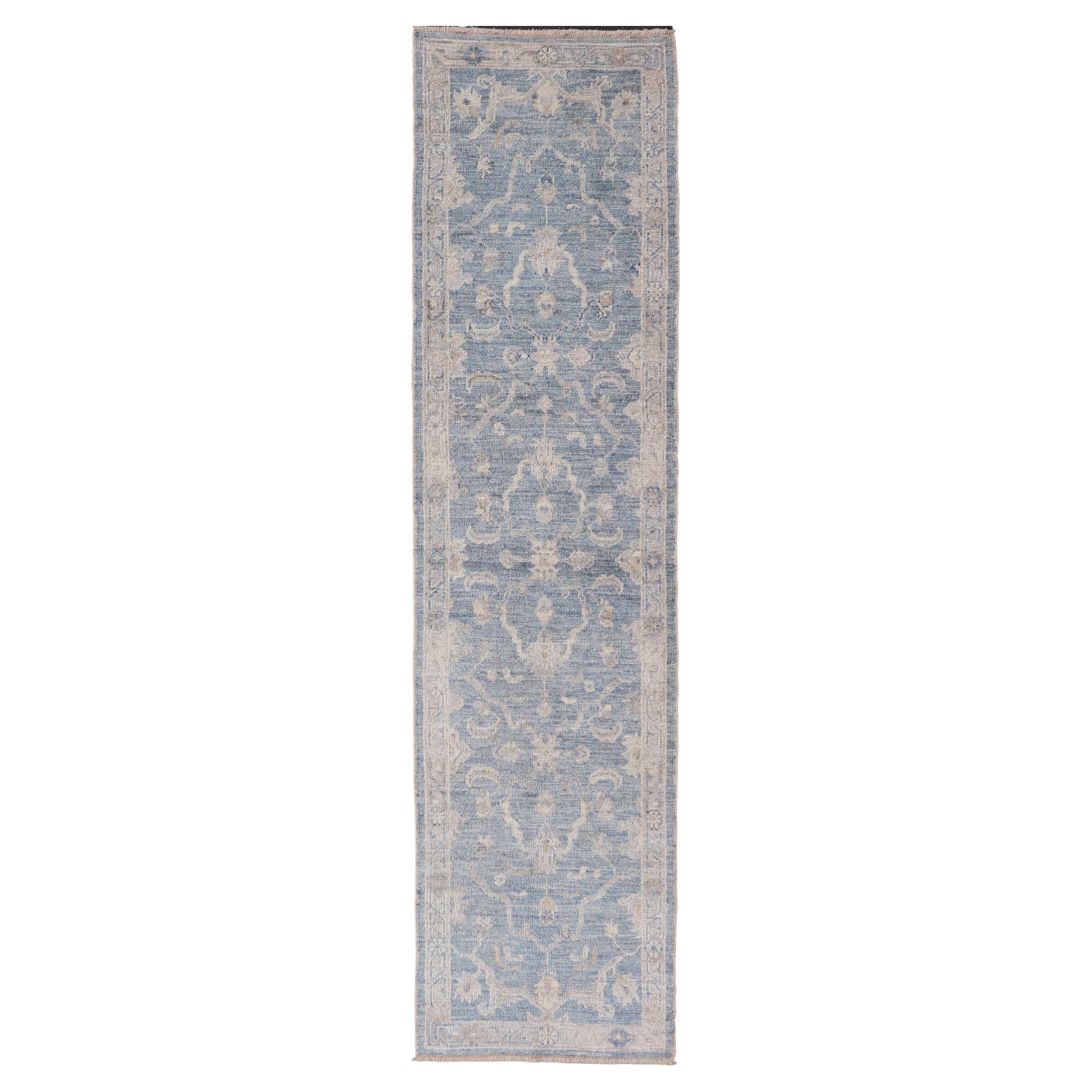 Angora Turkish Oushak Runner with Floral Design and Medium Blue and Gray Border For Sale