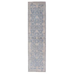 Tapis de couloir turc Oushak en angora avec motif floral et bordure bleue et grise de taille moyenne