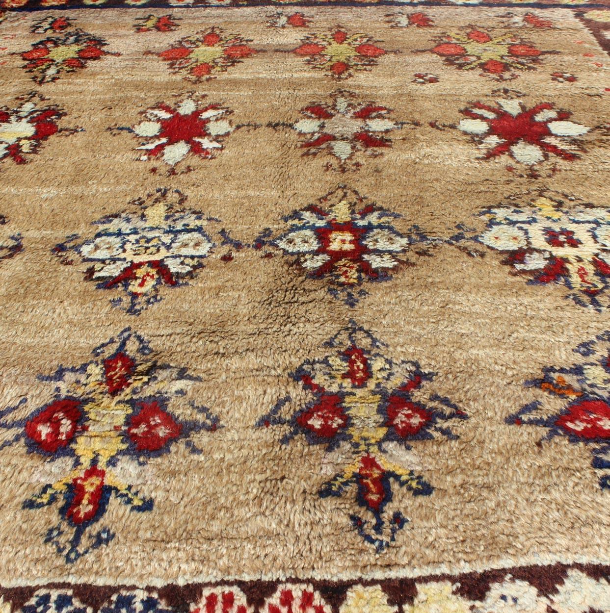 Angora Turkish Tulu Carpet with Colorful Floral Designs Set on Sand Field For Sale 4