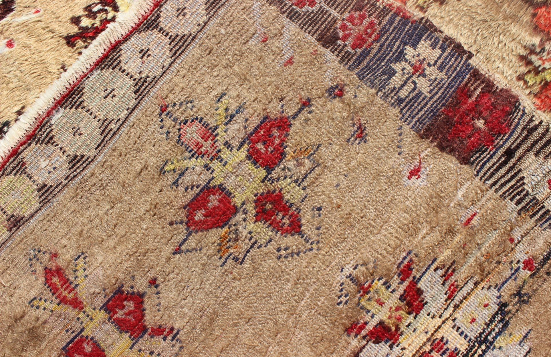 Angora Turkish Tulu Carpet with Colorful Floral Designs Set on Sand Field For Sale 6