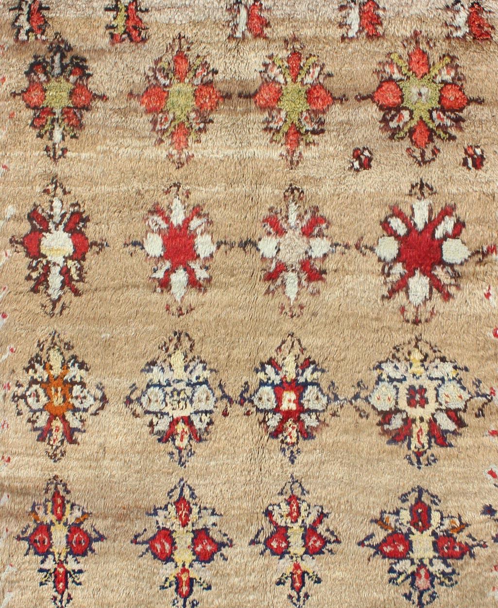 Hand-Knotted Angora Turkish Tulu Carpet with Colorful Floral Designs Set on Sand Field For Sale