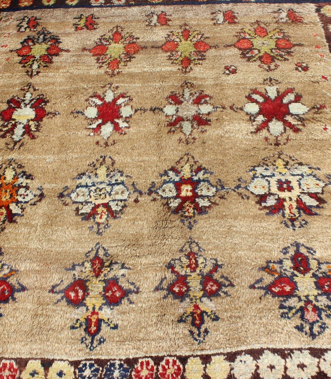 Angora Turkish Tulu Carpet with Colorful Floral Designs Set on Sand Field For Sale 3
