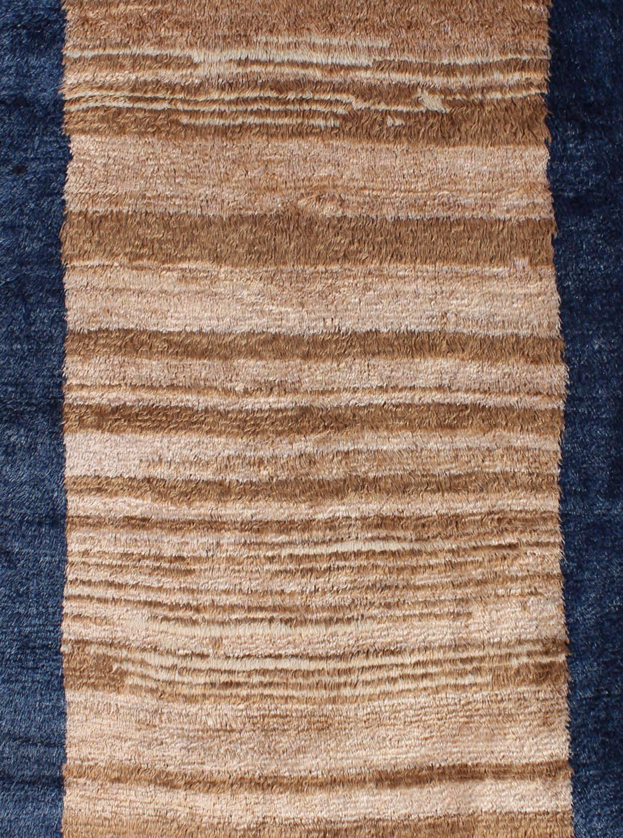 Hand-Knotted Angora Turkish Tulu Rug with Solid Field in Shades of Brown and Midnight Blue For Sale